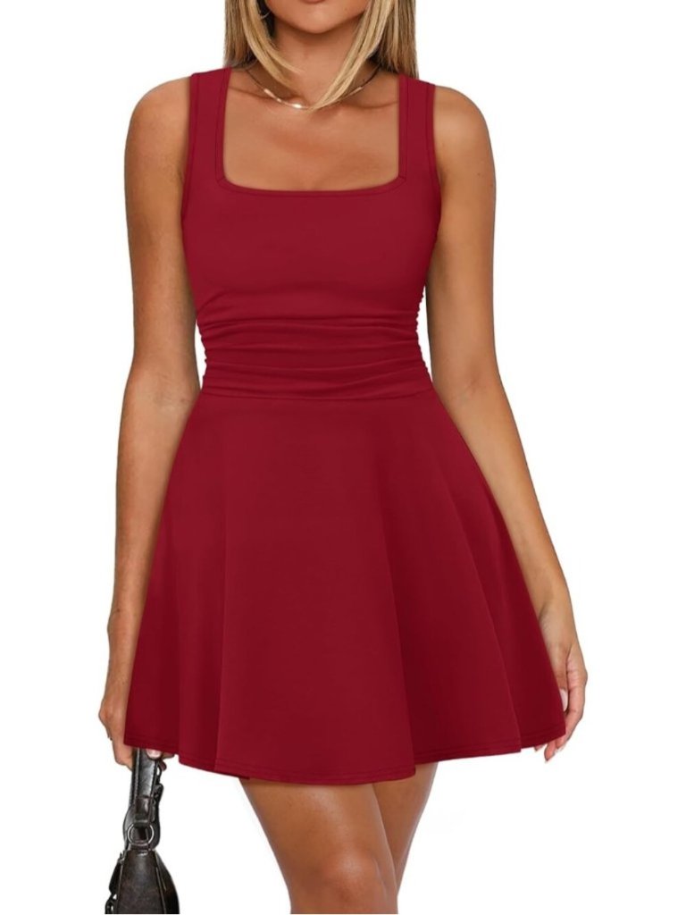 Women's Red Square Neck Ruched Pull On Waist Fit Flare Pleated Mini Dress